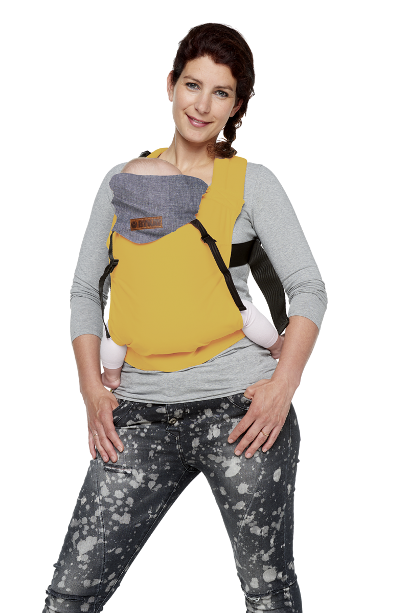 Babydrager Click Carrier Reversible Autumn Yellow -Dark Jeans Voorkant Bykay
